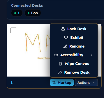 Teacher Desk Actions menu: Lock Desk, Exhibit, Rename, Accessibility, Wipe Canvas, Remove Desk