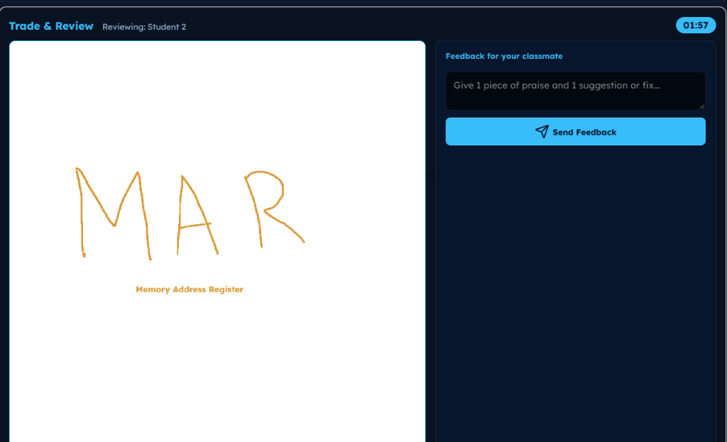Trade and Review peer assessment interface showing classmate whiteboard with MAR drawing and timed peer feedback form